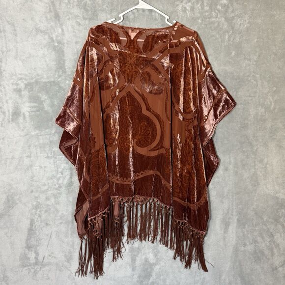 Chicos Velvet Burnout Boho Brown Fringe Poncho Tunic L/XL Fall Lagenlook - Picture 3 of 8